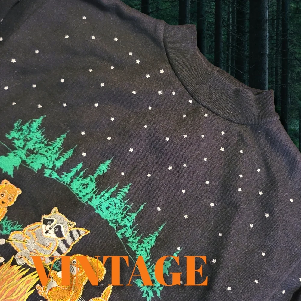 Vintage 70s Childs Sweatshirt Campfire Forest Friends Printed Both Sides Iconic - Picture 7 of 7